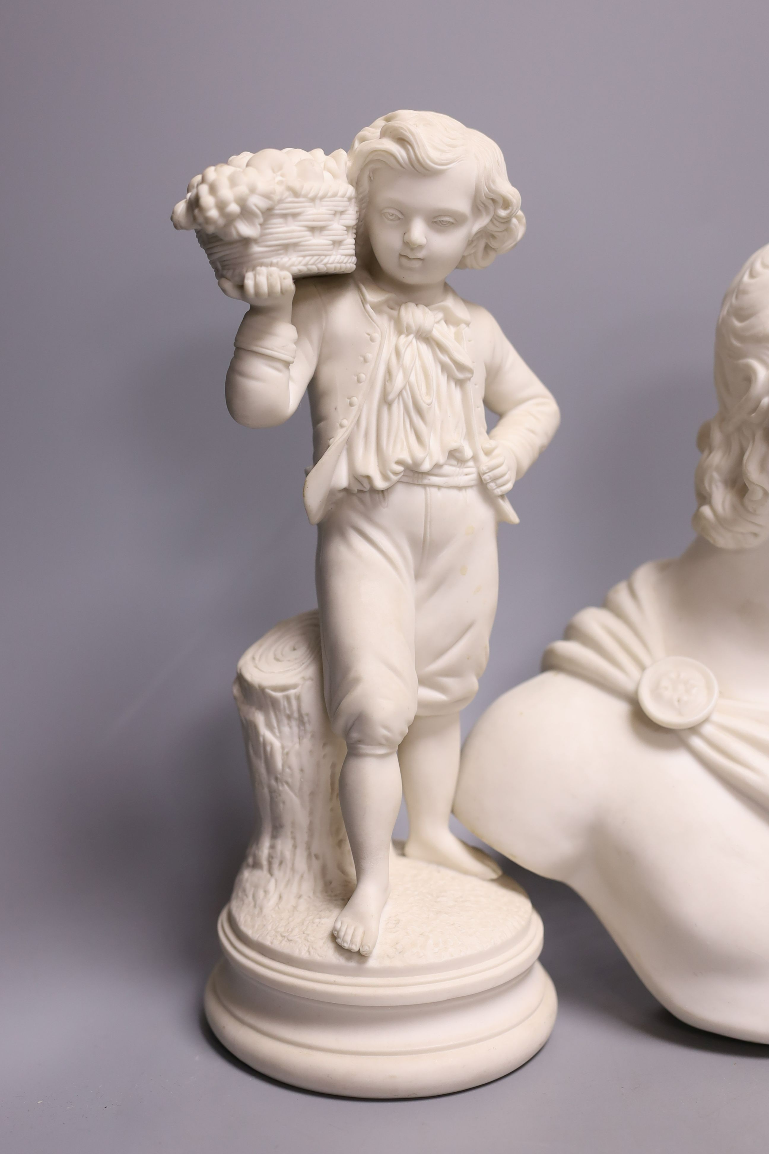 Two parian busts and a similar figure and two items of Staffordshire pottery - tallest 26cm